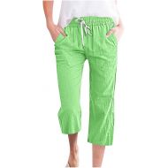 Linen Pants Women Capri Summer High Waisted 3/4 Length Petite Ethnic Print Boho Wide Leg Cotton Linen Cropped Pants