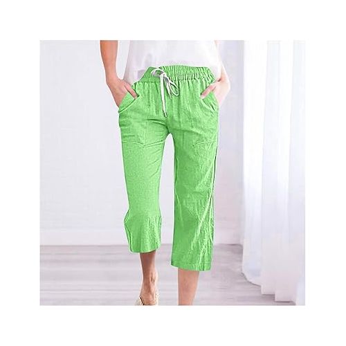 제네릭 Linen Pants Women Capri Summer High Waisted 3/4 Length Petite Ethnic Print Boho Wide Leg Cotton Linen Cropped Pants