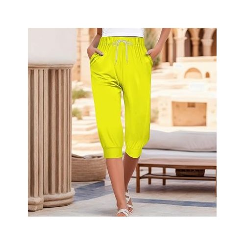 제네릭 Womens Capri Pants Summer Casual Loose Drawstring Elastic High Waist Pants Fashion Resort Wear Beach Vacation Capris