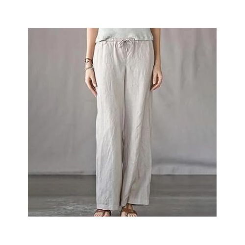 제네릭 Summer Pants for Women 2024 Straight Wide Leg Drawstring Elastic Waist Cotton Linen Pants Spring Flowy Loose Fit Trousers