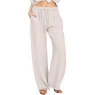 Women Linen Summer Pants Flowy Elastic Palazzo Pants Summer Boho Long Trousers Summer Clothes