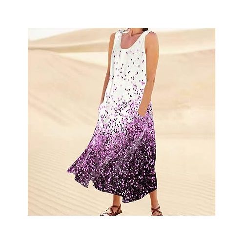 제네릭 FlowyDresses for Women 2024 Cute Beach Sleeveless Tank Dress with Pockets Cotton Linen Summer Casual Floral Long Dress