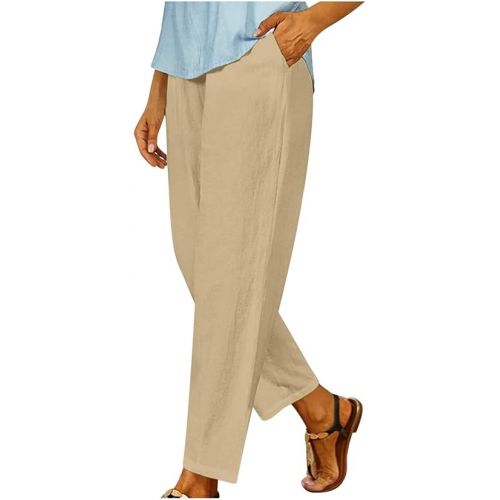 제네릭 Linen Pants for Women Summer Straight Leg Elastic Waist Lounge Ankle Pants with Pockets Lightweight Relax Fit Palazzo Pants