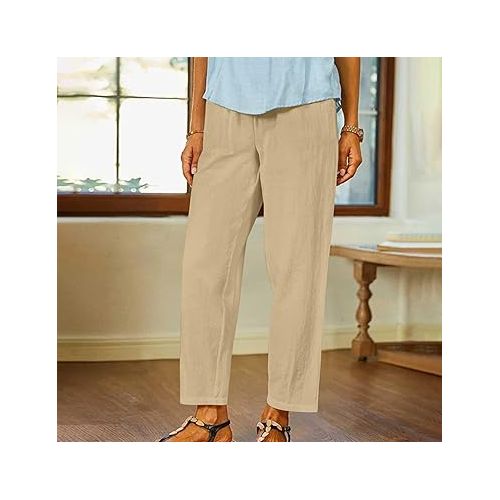 제네릭 Linen Pants for Women Summer Straight Leg Elastic Waist Lounge Ankle Pants with Pockets Lightweight Relax Fit Palazzo Pants
