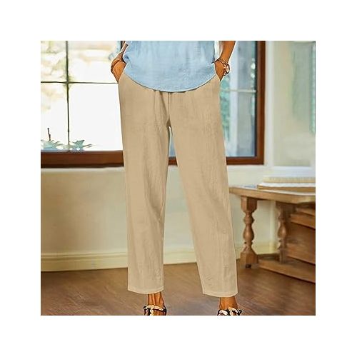 제네릭 Linen Pants for Women Summer Straight Leg Elastic Waist Lounge Ankle Pants with Pockets Lightweight Relax Fit Palazzo Pants