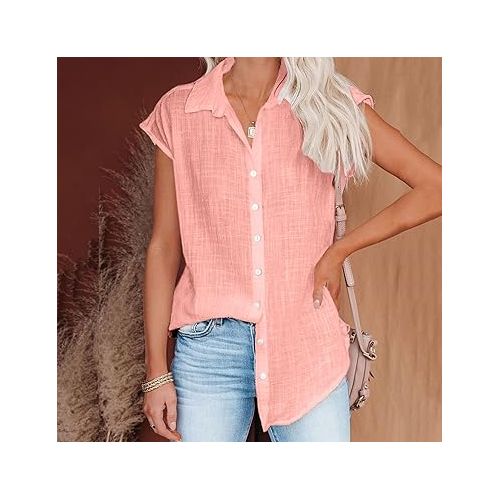 제네릭 Summer Cotton Linen Shirts for Women 2024 Ladies Lapel Cap Sleeve Cotton Gauze Tops Casual Trendy Button Down Dressy Blouses