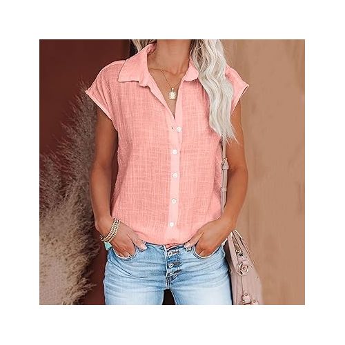 제네릭 Summer Cotton Linen Shirts for Women 2024 Ladies Lapel Cap Sleeve Cotton Gauze Tops Casual Trendy Button Down Dressy Blouses