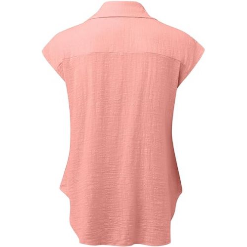 제네릭 Summer Cotton Linen Shirts for Women 2024 Ladies Lapel Cap Sleeve Cotton Gauze Tops Casual Trendy Button Down Dressy Blouses