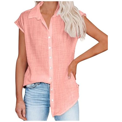 제네릭 Summer Cotton Linen Shirts for Women 2024 Ladies Lapel Cap Sleeve Cotton Gauze Tops Casual Trendy Button Down Dressy Blouses