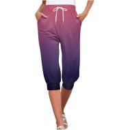 Womens Capri Pants Casual Summer Drawstring Elastic Waist Lounge Pants Wide Leg Trousers Cropped Pants with Pockets