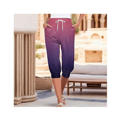 제네릭 Womens Capri Pants Casual Summer Drawstring Elastic Waist Lounge Pants Wide Leg Trousers Cropped Pants with Pockets