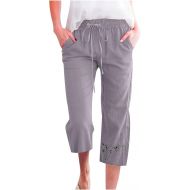 Linen Capris for Women Casual Summer Loose Fit Capri Pants Drawstring Elastic Waist Lounge Pant with Pockets