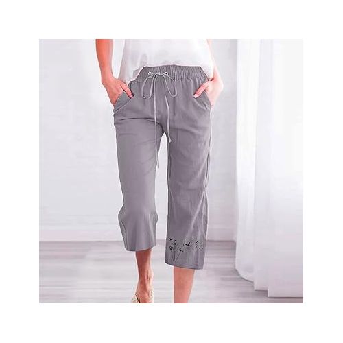 제네릭 Linen Capris for Women Casual Summer Loose Fit Capri Pants Drawstring Elastic Waist Lounge Pant with Pockets