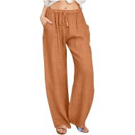 Womens Linen Pants 2024 High Waisted Drawstring Solid Color Pants Baggy Casual Wed Leg Lounge Trousers with Pockets