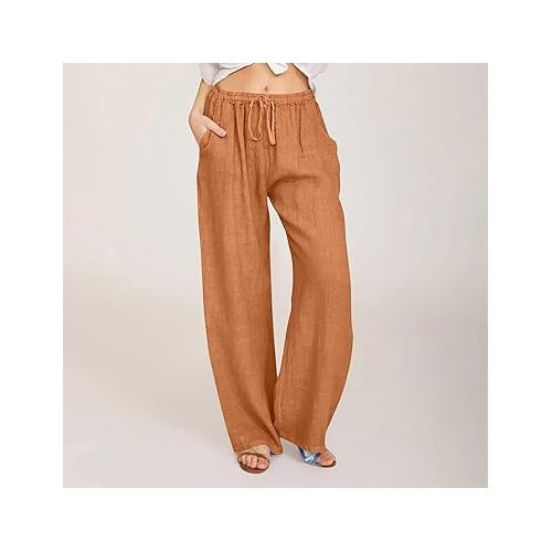 제네릭 Womens Linen Pants 2024 High Waisted Drawstring Solid Color Pants Baggy Casual Wed Leg Lounge Trousers with Pockets