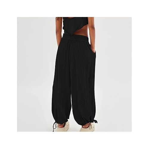 제네릭 Cotton Linen Pants for Women 2024,Plus Size Trendy Cargo Pants, Elastic Waist Straight Leg Baggy Comfy Trousers Multi Pockets