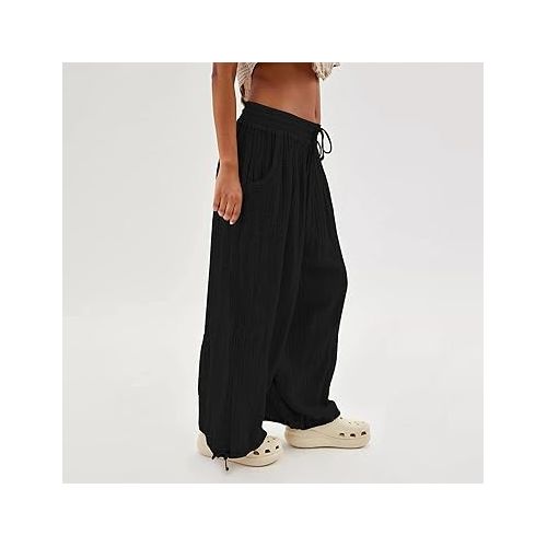 제네릭 Cotton Linen Pants for Women 2024,Plus Size Trendy Cargo Pants, Elastic Waist Straight Leg Baggy Comfy Trousers Multi Pockets