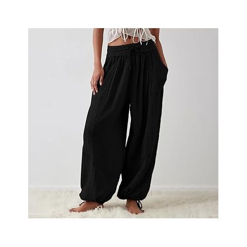 제네릭 Cotton Linen Pants for Women 2024,Plus Size Trendy Cargo Pants, Elastic Waist Straight Leg Baggy Comfy Trousers Multi Pockets