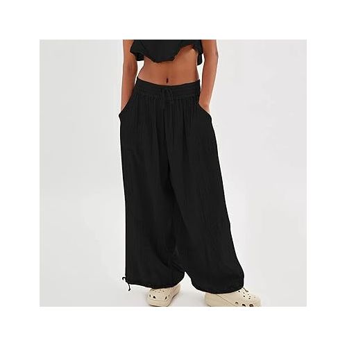 제네릭 Cotton Linen Pants for Women 2024,Plus Size Trendy Cargo Pants, Elastic Waist Straight Leg Baggy Comfy Trousers Multi Pockets