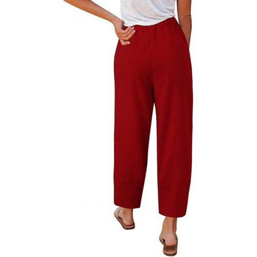제네릭 Women's Linen Pants Drawstring Wide Leg Capri Palazzo Pants Casual Summer Capri Long Trousers with Removable Belt