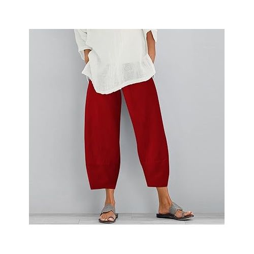 제네릭 Women's Linen Pants Drawstring Wide Leg Capri Palazzo Pants Casual Summer Capri Long Trousers with Removable Belt