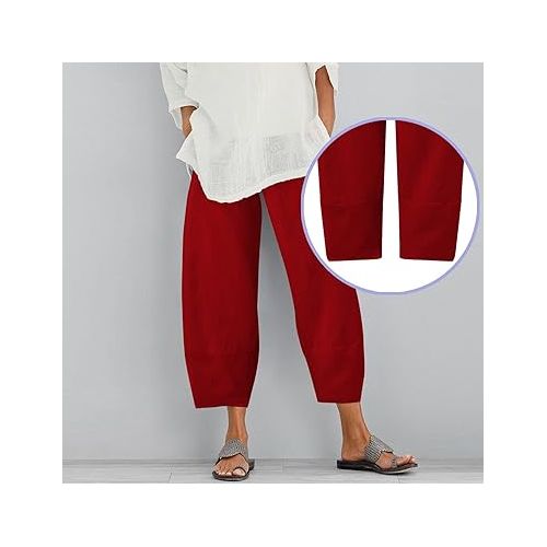 제네릭 Women's Linen Pants Drawstring Wide Leg Capri Palazzo Pants Casual Summer Capri Long Trousers with Removable Belt