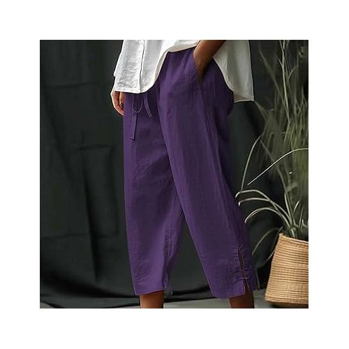 제네릭 Capri Pants for Women Cotton Linen Elastic Waist Dressy Casual Summer Soild Capris Loose Fit Stretchy Going Out Cargo Capris