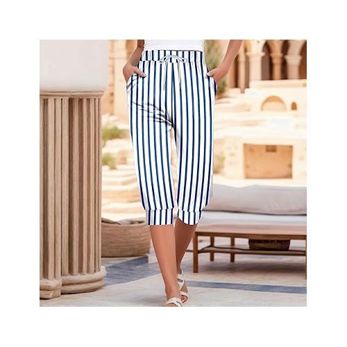 제네릭 Womens Capri Pants Summer Trendy Casual Drawstring Waisted Pants Fashion Resort Wear Beach Vacation Capris Clothes