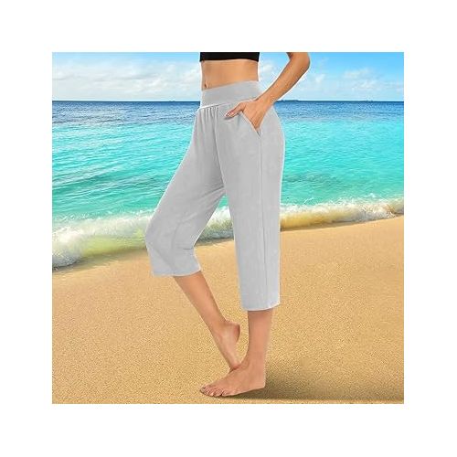 제네릭 Capri Pants for Women Yoga Trendy Loose Comfy High Waisted Sweatpants Summer Breathable Athletic Wide Leg Capris with Pockets