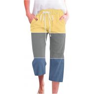Womens Capri Pants Elastic Waist Drawstring Linen Pants Fashion Printed Wide Leg Cropped Trousers with Pockets