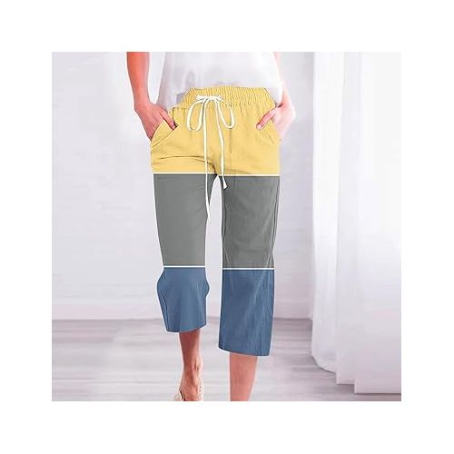 제네릭 Womens Capri Pants Elastic Waist Drawstring Linen Pants Fashion Printed Wide Leg Cropped Trousers with Pockets