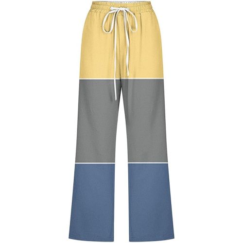 제네릭 Womens Capri Pants Elastic Waist Drawstring Linen Pants Fashion Printed Wide Leg Cropped Trousers with Pockets