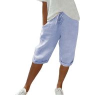 Knee Length Shorts for Women 2024,Cotton Linen Bermuda Shorts Drawstring Elastic Waist Summer Casual Gym Shorts with Pockets