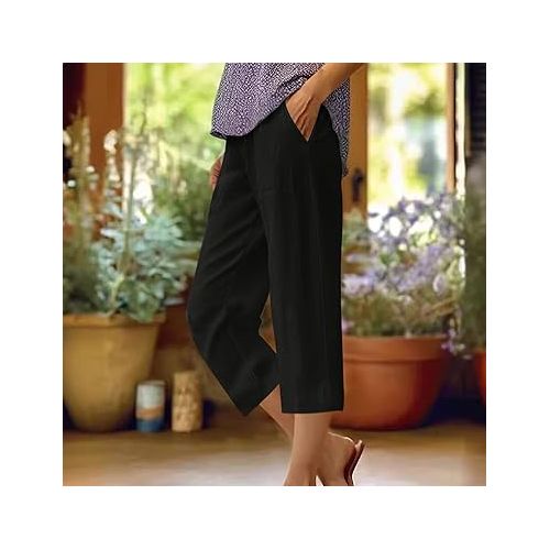 제네릭 Capris Pants for Women High Waisted Waisted Drawstring Cropped Pants with Pockets Summer Cotton Linen Capri Pants