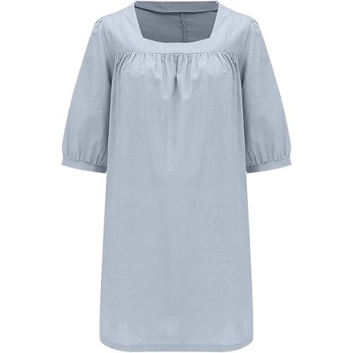 제네릭 Linen Dresses for Women 2024 French Square Collar Half Puff Sleeve Dress Plus Size Summer Casual Beach Vacation Sundress