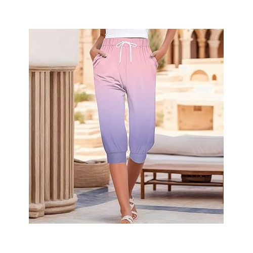 제네릭 Capri Pants for Women Summer Casual Loose High Waisted Cropped Pants Fashion Resort Wear Beach Vacation Capris Clothes