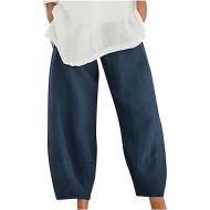 Capri Pants for Women Cotton Linen Solid Color Wed Leg Palazzo Pants with Pockets Loose Fit Soft Trendy Lounge Trousers