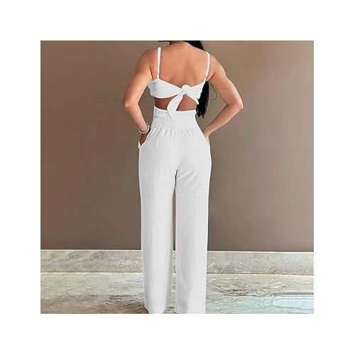 제네릭 Women's Short Sleeve Jumpsuits Wide Leg Linen Jumpsuits Dressy V Neck Wide Leg Jumpsuits Rompers Vacation Beach Outfits