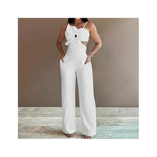 제네릭 Women's Short Sleeve Jumpsuits Wide Leg Linen Jumpsuits Dressy V Neck Wide Leg Jumpsuits Rompers Vacation Beach Outfits