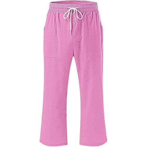 제네릭 Linen Pants Women Summer Plus Size Lounge Wide Leg Capri Pants Casual Drawstring Waisted Cropped Trousers with Pockets
