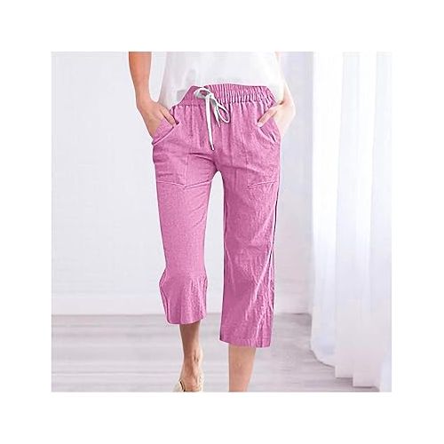 제네릭 Linen Pants Women Summer Plus Size Lounge Wide Leg Capri Pants Casual Drawstring Waisted Cropped Trousers with Pockets