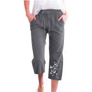 Linen Pants for Women Plus Size Casual Wide Leg Pants Summer Drawstring Elastic Waist Lounge Capri Pant with Pockets