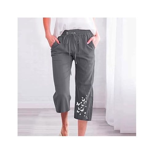 제네릭 Linen Pants for Women Plus Size Casual Wide Leg Pants Summer Drawstring Elastic Waist Lounge Capri Pant with Pockets