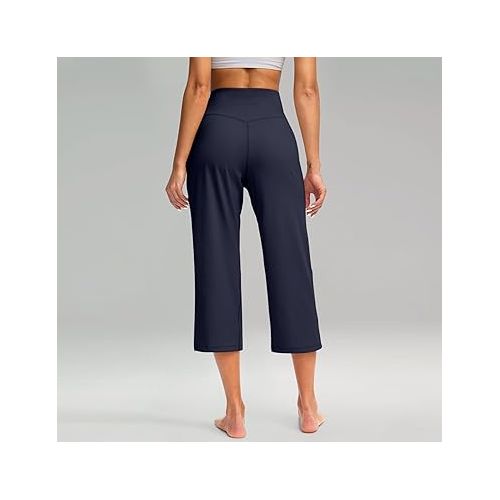 제네릭 Capri Pants for Women Summer Casual Elastic Waist Wide Leg Cropped Trousers with Pockets Plus Size Tummy Control Yoga Capris