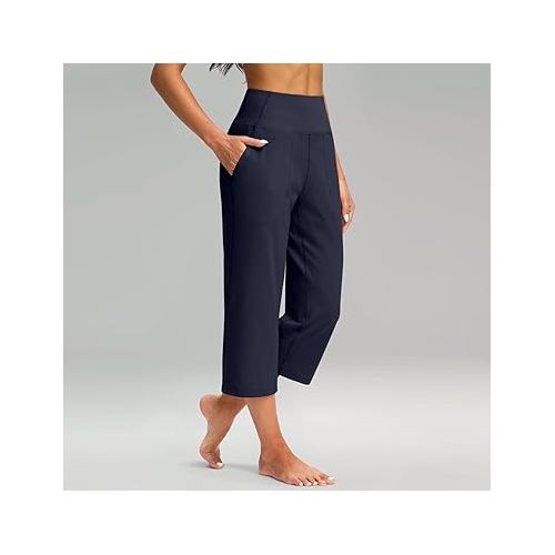 제네릭 Capri Pants for Women Summer Casual Elastic Waist Wide Leg Cropped Trousers with Pockets Plus Size Tummy Control Yoga Capris