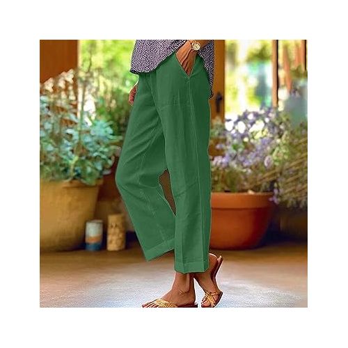 제네릭 Cotton Linen Pants for Women Elastic Waist Straight Leg Business Casual Pants Loose Fit Lounge Trousers with Pockets 2024