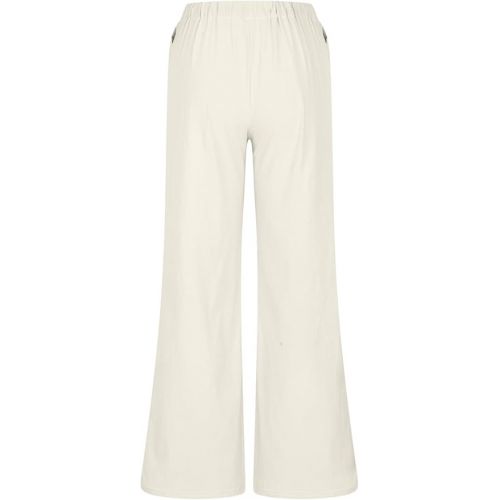 제네릭 Womens Pants Cotton Linen Boho Straight Wide Leg Casual Summer Trousers with Pockets Drawstring Elastic Waist Palazzo Pants