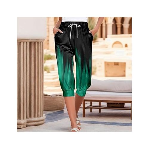 제네릭 Womens Capri Pants Casual 2024 Summer Drawstring Elastic High Waist Pants Wide Leg Trousers Cropped Pants with Pockets