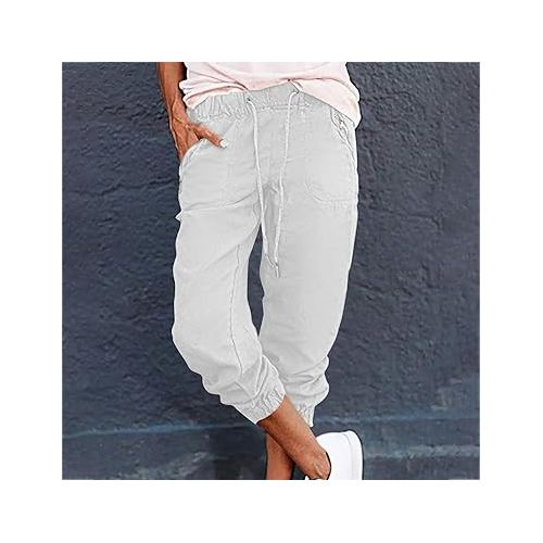 제네릭 Capri Pants for Women with Pockets Trendy Drawstring Elastic Tapered Pants Casual High Waisted Summer Lounge Pant