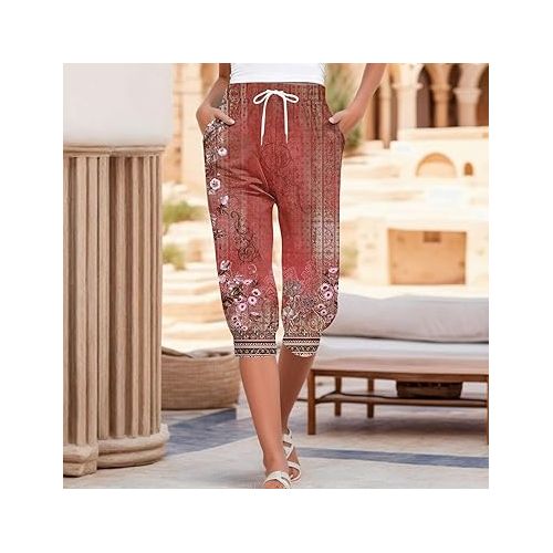 제네릭 Womens Capri Pants Summer Casual Loose Drawstring Waisted Pants Straight Wide Leg Plus Size Lounge Capris